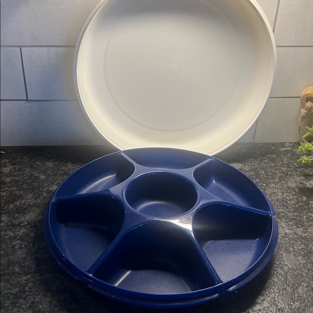 Vintage chip n dip white & blue Tupperware Exc condition. Great for taco bar too